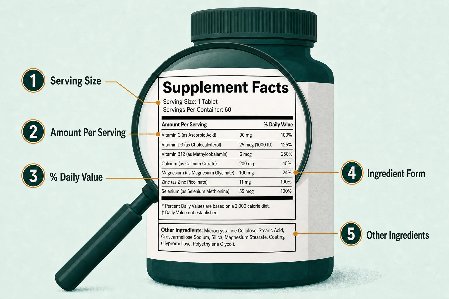 Five areas to check on a supplement label: serving size, amount per serving, Percent Daily Value, ingredient form, and Other Ingredients