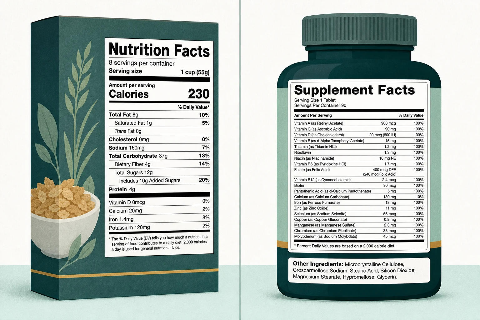 A Nutrition Facts panel on a food package beside a Supplement Facts panel on a supplement bottle